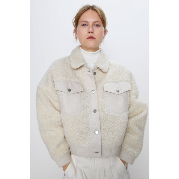 ZARA Faux Shearling Bomber Jacket Cream - Picture 3 of 7